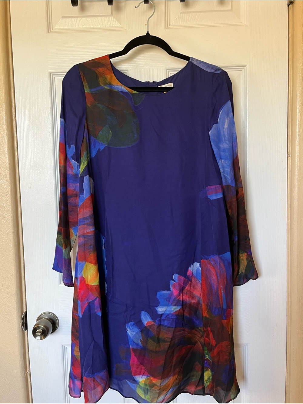 Anthropologie leifsdottir 100% Silk Blue Long Sleeve Floral-Print Shift Dress
